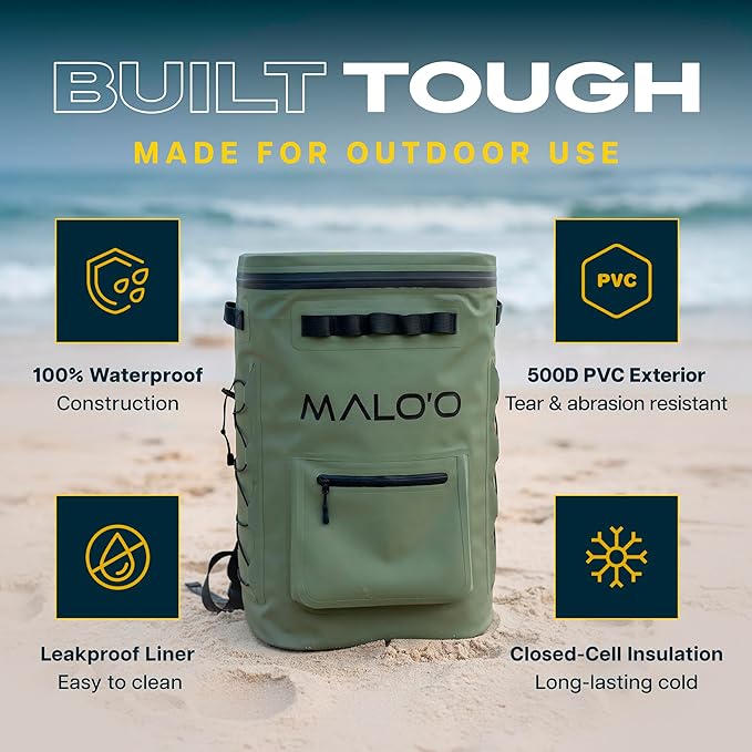 Malo'o Pro Adventure Insulated Backpack Cooler Holds 30 Cans for 48 Hours - Perfect for Camping, Hiking, Fishing, Kayaking, Sports, or Beach