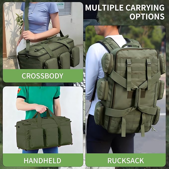 3 In 1 Military Duffel Bag 50L Gym Bag for Men Convertible Weekender Backpack for Sports Travel Basketball