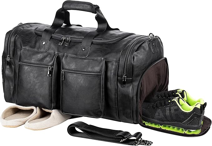 Travel Bag with Shoe Pouch,Weekender Overnight Bag Leather Large Carry On Bag