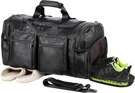 Travel Bag with Shoe Pouch,Weekender Overnight Bag Leather Large Carry On Bag