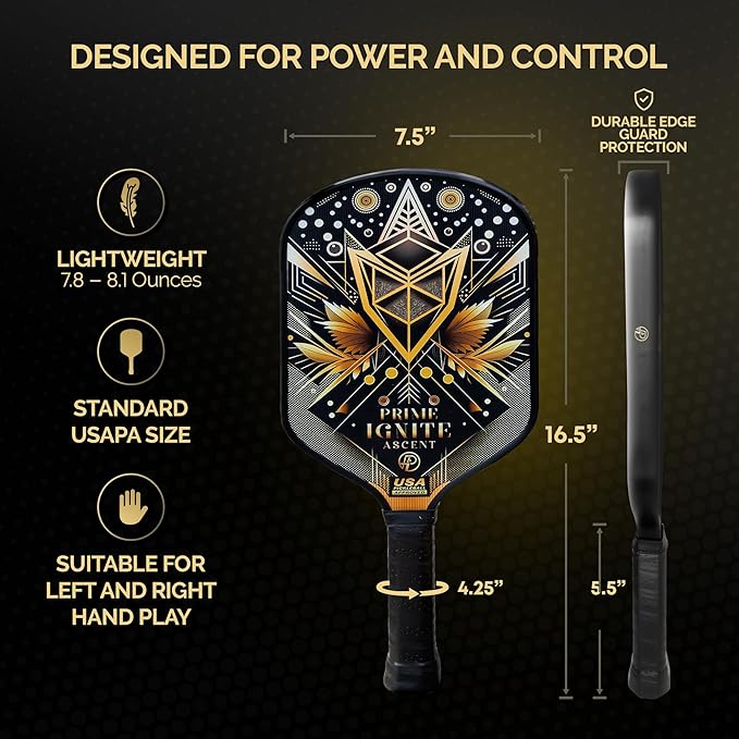 Ascent Pickleball Paddles Set of 2, USAPA Approved Lightweight Fiberglass Paddles, Includes 4 Balls, 2 Extra Grips, and Carrying Bag, Pickleball Rackets Gifts for Beginners & Pros