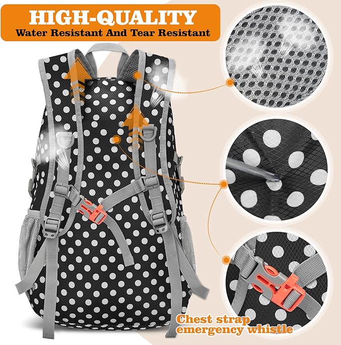 ZOMAKE Lightweight Packable Backpack 30L, Foldable Hiking Backpacks Water Resistant Compact Folding Daypack for Travel(Black，White polka dots)