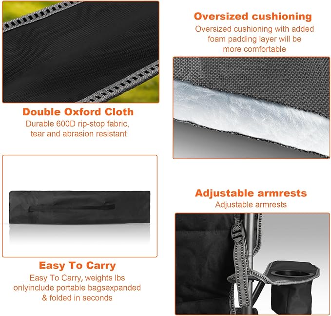 2 Pack Padded Oversized Camping Chairs for Adults,Heavy Duty Support 400 Lbs,Folding Portable Lawn Chair w/Cup Holder,Cooler Bag,Side Pocket,Perfect for Outdoor Picnic,Hiking(Black)