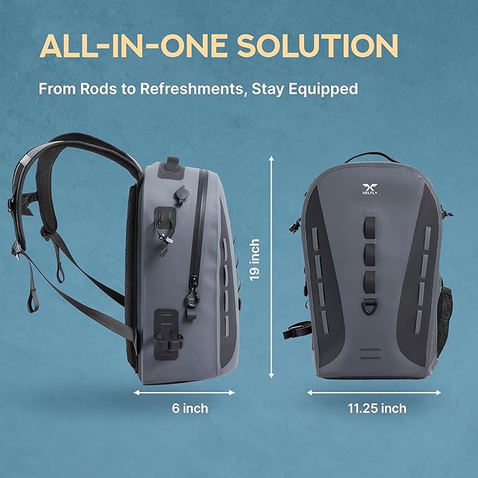 Xelfly Waterproof Fishing Backpack G2 with Rod Holder, Inflatable Air Valve, Padded Waist Straps & Gear Loops - Submersible Zipper, Rugged Top Handle, Adjustable Attachments (Gray)