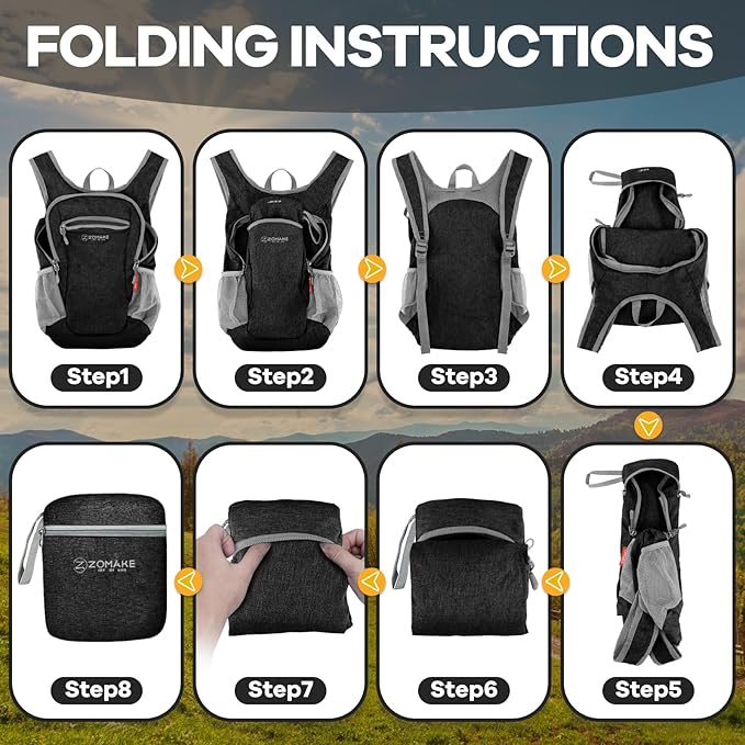 ZOMAKE Ultra Lightweight Packable Backpack 10L,Small Foldable Backpacks Hiking Water Resistant Collapsible Daypack for Women Men(Black-A1)