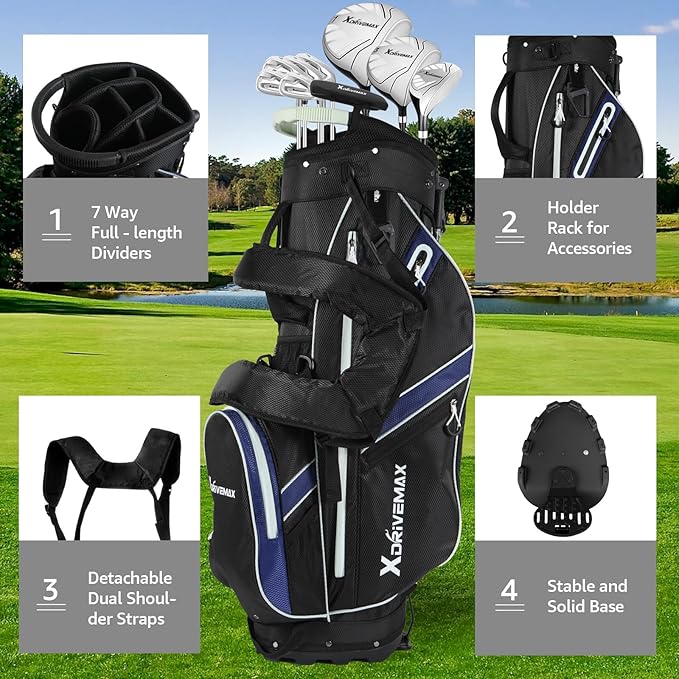 XDriveMax Golf Stand Bag, Lightweight 8-Way Top Dividers Golf Bag with Insulated Cooler Pocket, Dual Strap System & Rain Cover, Includes Golf Accessory Kit