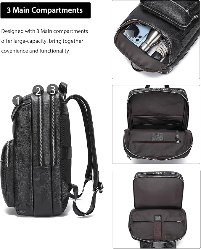 LANNSYNE Full Grain Leather Backpack For Men, 15.6" Leather Laptop Backpack Hiking Travel Bag Camping Rucksack