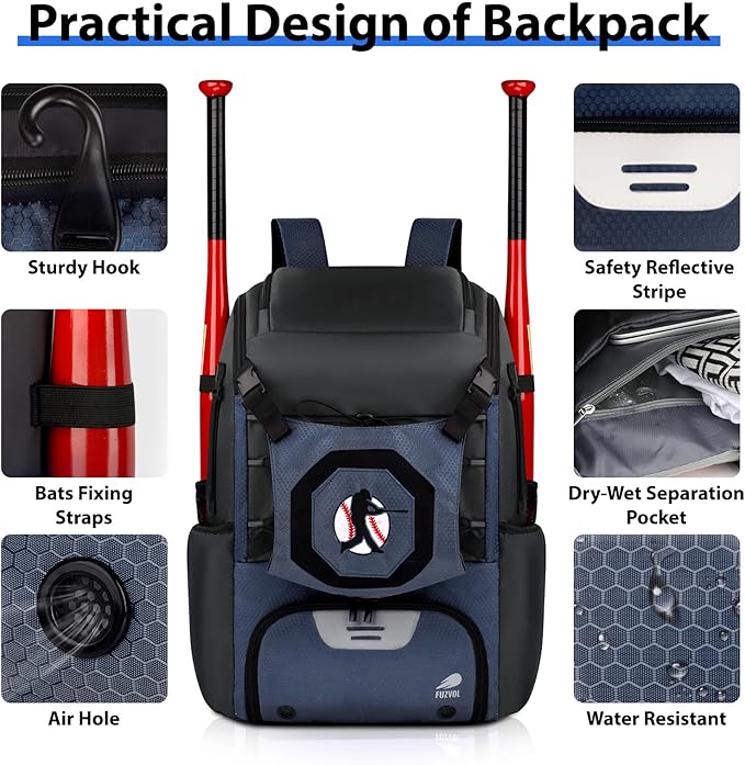 Baseball Backpack Softball Bat Bag for Youth Adults Baseball T-Ball Equipment Bag with Shoes Compartment