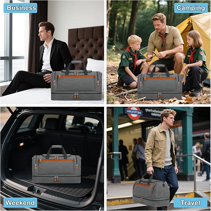 Duffle Bag for Travel, Expandable 50L Canvas Weekender Bag, Overnight Bag Travel Duffel Bag for Men Carry On Luggage with Removable Shoulder Strap, Durable & Water-Resistant