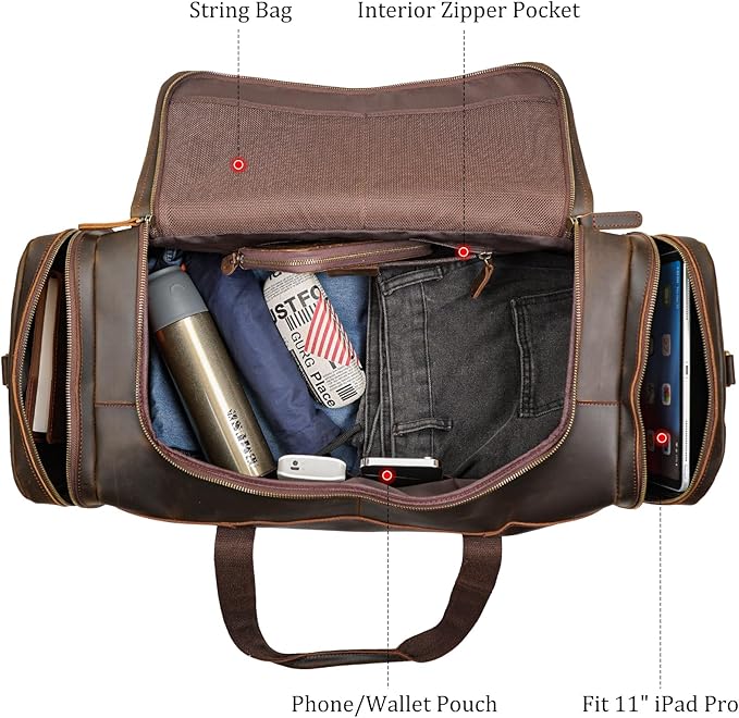 Polare 23" Full Grain Leather Travel Duffle Bag For Men 42L Duffel Bag Overnight Carry on Luggage Sport Weekender Bag