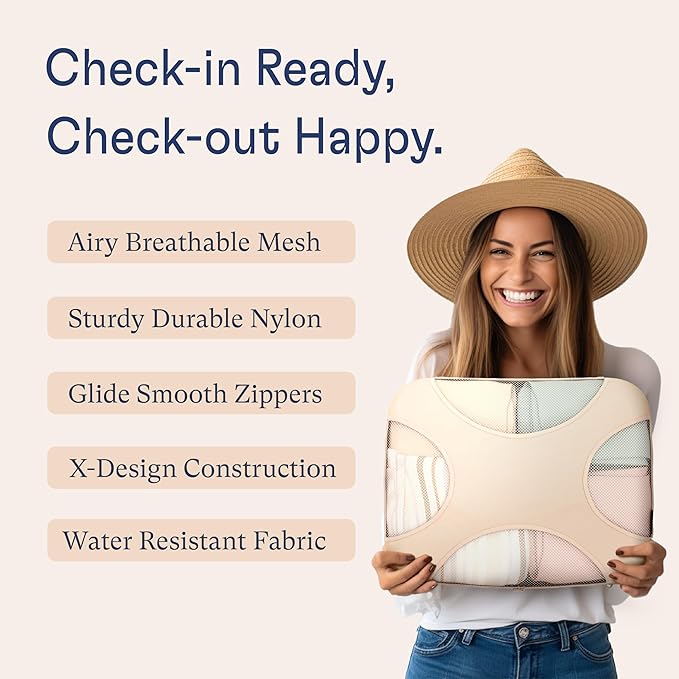 Shacke Premium 5 Packing Cubes Set - Lightweight Mesh Travel Luggage Organizers with Laundry Bag, 5-Piece Suitcase Storage System (Cream)