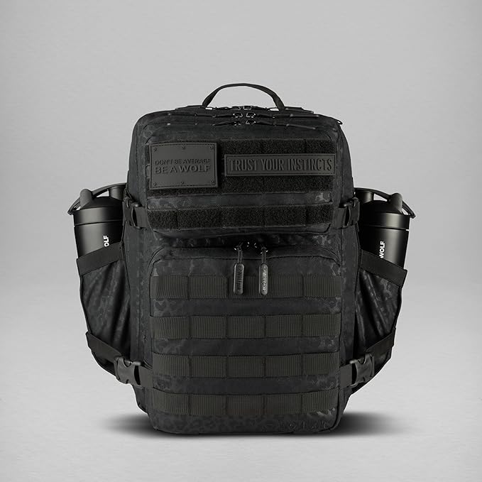 WOLFpak 35L Athletic Gym Backpack - Durable 1000D Waterproof Oxford Material with MOLLE Webbing, Laptop Pocket & Dual Cup Holders, Durable Fitness/Travel/Military Daypack (Black Leopard)