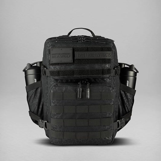 WOLFpak 35L Athletic Gym Backpack - Durable 1000D Waterproof Oxford Material with MOLLE Webbing, Laptop Pocket & Dual Cup Holders, Durable Fitness/Travel/Military Daypack (Black Leopard)