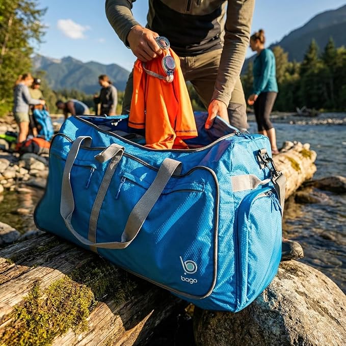 Bago Large Foldable Duffel Bags for Traveling Women & Men - 100L Packable Duffle Bag for Travel with Shoe Compartment - Water Repellant, Heavy Duty, Lightweight Folding & Collapsible (Blue)