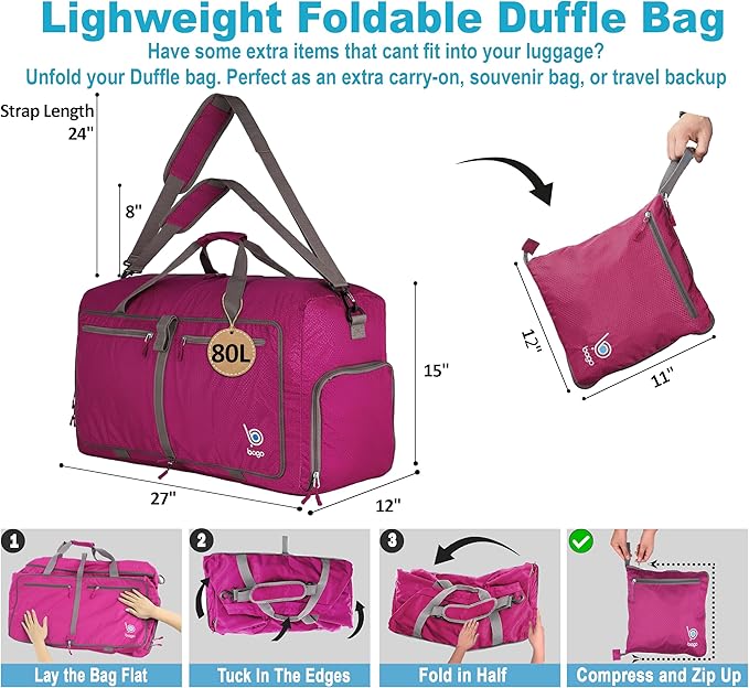 Bago Large Foldable Duffel Bags for Traveling Women & Men - 80L Packable Duffle Bag for Travel with Shoe Compartment - Water Repellant, Heavy Duty, Lightweight Folding & Collapsible (Pink)