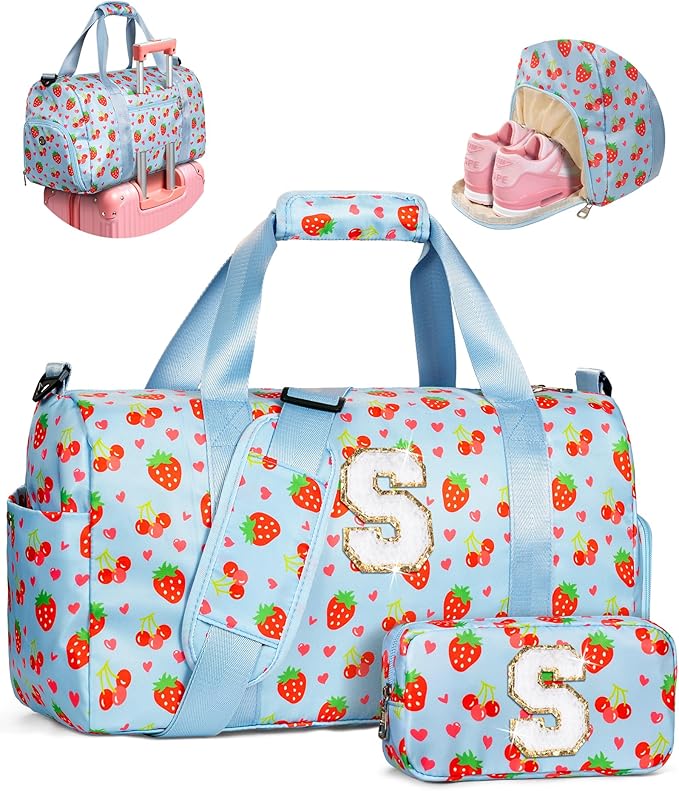 Cute Gifts for Girls, Travel Duffle Bag for Kids, Initial Overnight Sleepover Weekender Bag with Toiletry Bag, Birthday Valentine Gift Ideas for 4-8, 8-12, 13-16 Year Old Girls, Trendy Stuff