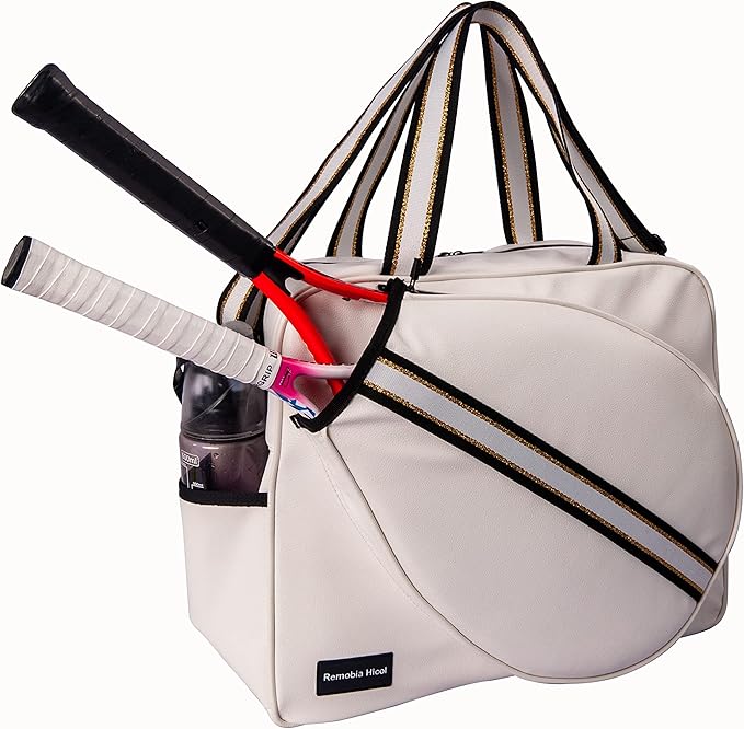 White PU Leather Women Large Sports Handbag Tennis Racket Shoulder Bag Tennis Tote Bag for 2 Rackets, with Water Bottle Holder