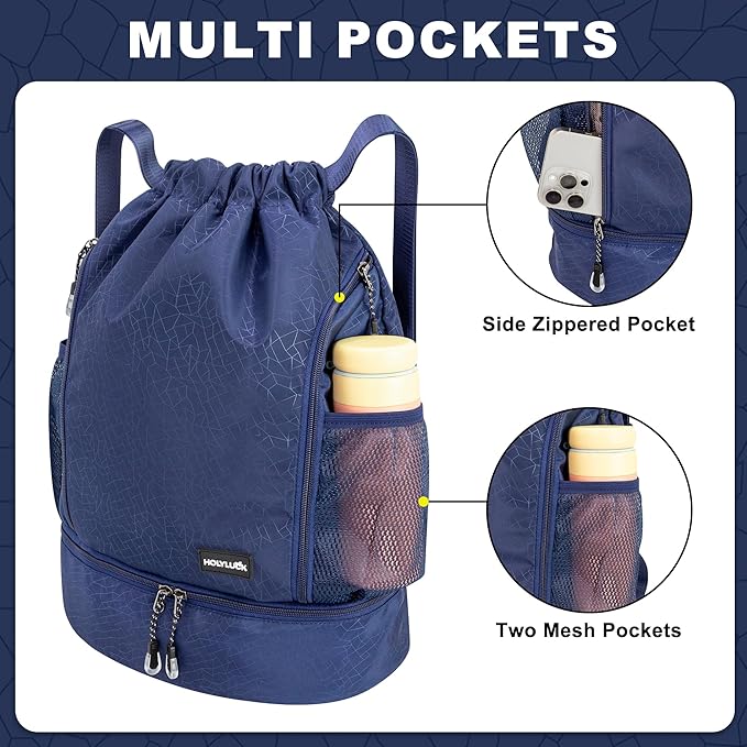 HOLYLUCK Drawstring Backpack with Shoe Compartment, Gym Bag Backpack for Men Women, Cinch Swim Beach Bag String Sports Bag for Soccer and Basketball, Blue