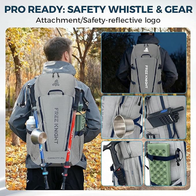 Bseash 45L Waterproof Hiking Camping Backpack with Rain Cover, Outdoor Sport Travel Bag Daypack for Climbing Skiing Cycling (Gray)