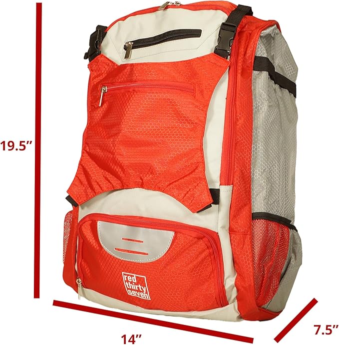 Baseball Backpack with Cleat/Shoe Pocket | Large Capacity | 19.5" T x 14" W x 7.5" D | Holds 4 Bats | External Helmet Storage | 3 Extra Zipper Pockets for Sunglasses, Seeds, Cell Phone (Red/Gray)