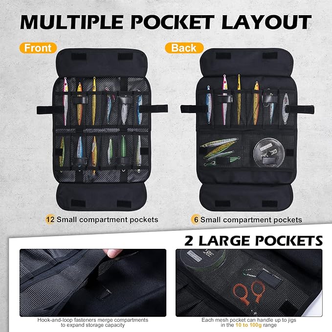 Goture Fishing Jig Bag,20 Mesh Pockets Portable Water-Resistant 600D PU Fishinig Lure Bag Saltwater Freshwater Suitable For Max 5.7" Length Vertical Jig Slow Pitch Jigging Bait Storage (12.99"x7.09")