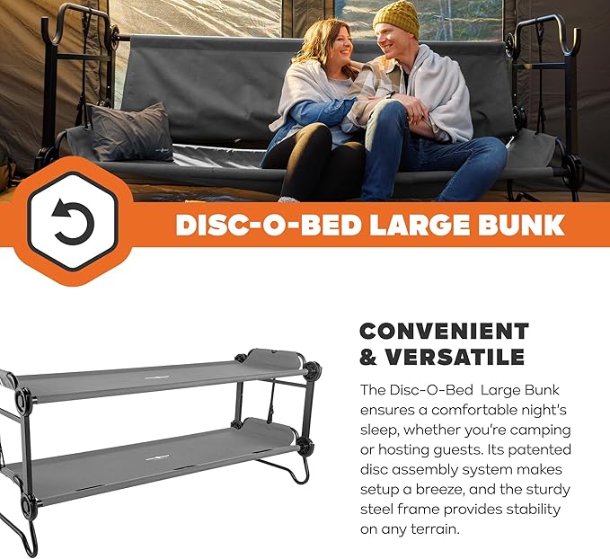 Disc-O-Bed Large Outdoor Convertible 2 Person Bench and Double Camping Cot Portable Bed Bunk System for Adults, Grey