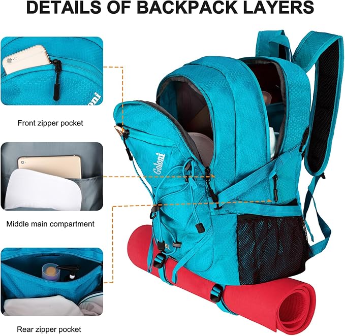 45L Hiking Backpack with Rain Cover, Lightweight Foldable Camping Backpack for Trekking, Water-Resistant Daypack with Hiking Pole & Mat Carrying System,Blue