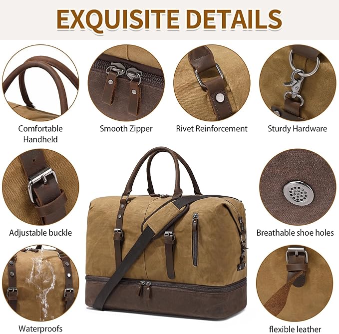 FENGDONG Weekender Bag Large Overnight Bag for Men Women Tote with Shoe Compartment Canvas Carry on Luggage Bag Travel Duffel Bag Brown