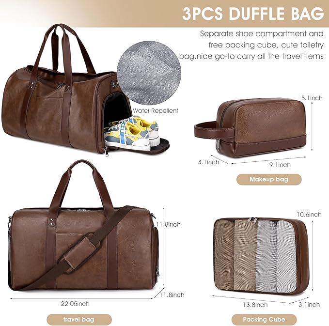 Wogarl 3PCS Faux Leather Weekender Bag for Women Men Large Overnight Travel Duffel Bags with Shoe Compartment Toiletry Packing Cube Carry On Duffle Fit 21" Laptop(Coffee)
