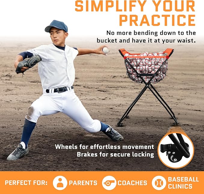 ACELETIQS Baseball Softball Portable Batting Practice Ball Caddy, Use During Training and Drills, Save Your Back No More Bending, Holds up to 60 Baseballs, Instant Setup