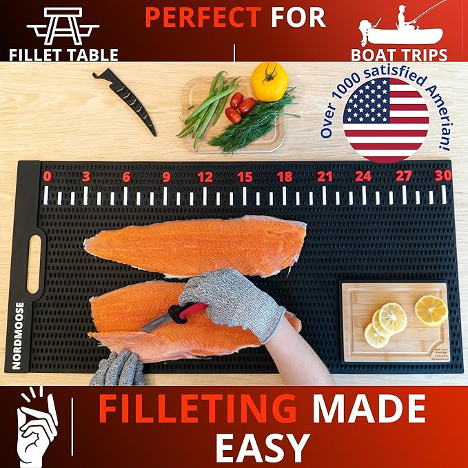 Fish Fillet Mat with Fish Cutting Board, Extra Large 33"x15.75", Portable & Grippy Fish Cleaning Mat - Durable & Easy to Clean, Rollable Fish Fillet Board
