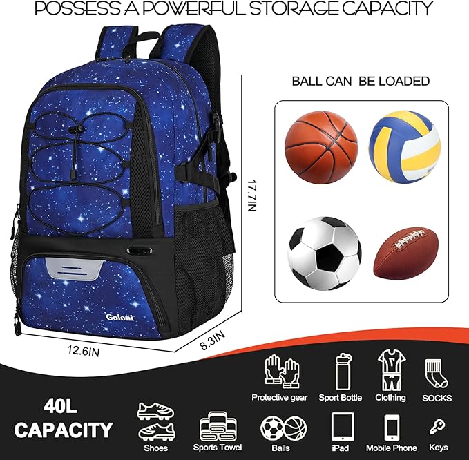 Goloni Basketball Backpack,Large Sports Bag with Ball Compartment & Shoe Compartment,Basketball Bag Fit Volleyball, soccer,Gym