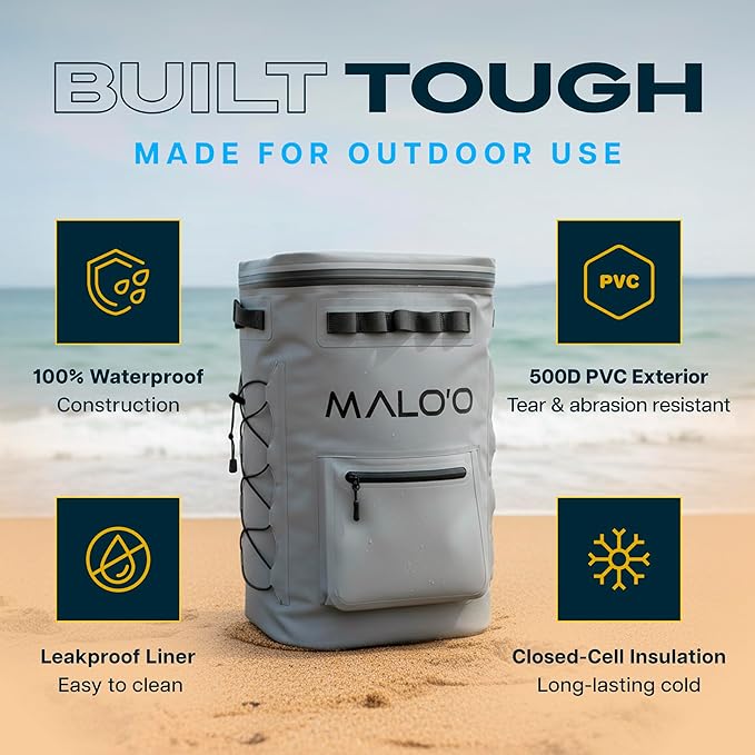 Malo'o Pro Adventure Insulated Backpack Cooler Holds 30 Cans for 48 Hours - Perfect for Camping, Hiking, Fishing, Kayaking, Sports, or Beach