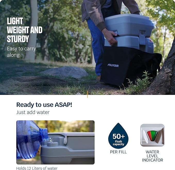 Alpcour Portable Toilet – Compact Indoor & Outdoor Commode w/Travel Bag for Camping, RV, Boat – Piston Pump Flush, 6 Gallon Waste Tank, Built-In Pour Spout & Washing Sprayer for Easy Cleaning