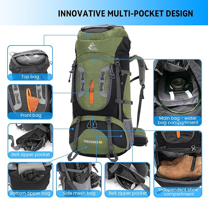 Bseash 80L Waterproof Hiking Camping Backpack with Rain Cover, Lightweight Outdoor Sport Travel Daypack for Climbing Touring (Army Green)