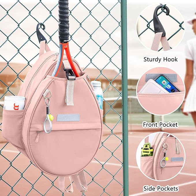 Tennis Backpack with 2 Rackets Holder, Water-Resistant PU Leather Tennis Racket Bag for Women & Men, Sling Crossbody Sports Backpack for Tennis, Pickleball & Badminton, Tennis Gifts