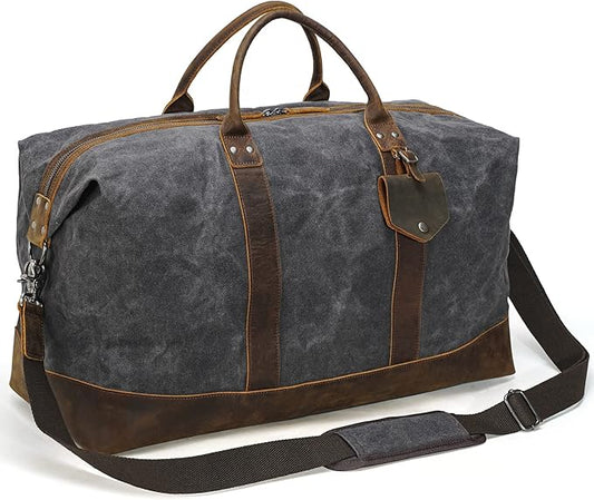 Polare 23” Waterproof Travel Duffel Bag Waxed Canvas Cowhide Leather Trim Luggage for Gym 55L Weekender Overnight Carry on Bag (Grey-23")
