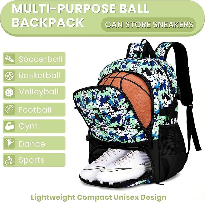 Basketball Backpack Large Sports Bag for Men&Youth,Gym Bag with Separate Ball & Shoes Compartment,Travel Bag for Basketball,Soccer,Volleyball