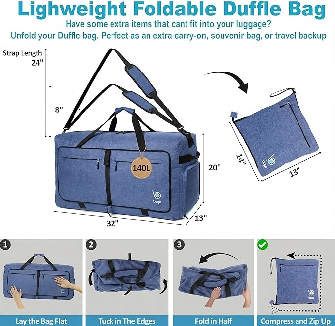 Bago Big XXL Foldable Duffel Bags for Traveling Women & Men - 140L Packable Duffle Bag for Travel with Shoe Compartment - Water Repellant, Heavy Duty, Lightweight Folding & Collapsible (SnowDepBlue)