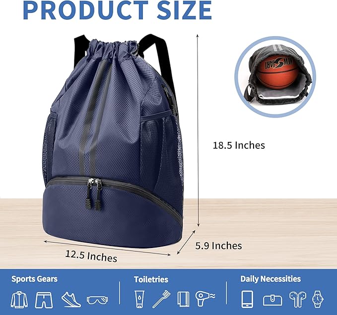 Drawstring Backpack Gym Bag with Shoes Compartment for Soccer, Basketball, Swim, Water-Resistant String Backpack Beach Cinch for Women Men, Navy Blue