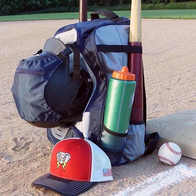 Baseball Backpack with Cleat/Shoe Pocket | Large Capacity | 19.5" T x 14" W x 7.5" D | Holds 4 Bats | External Helmet Storage | 3 Extra Zipper Pockets for Sunglasses, Seeds, Cell Phone (Navy/Gray)