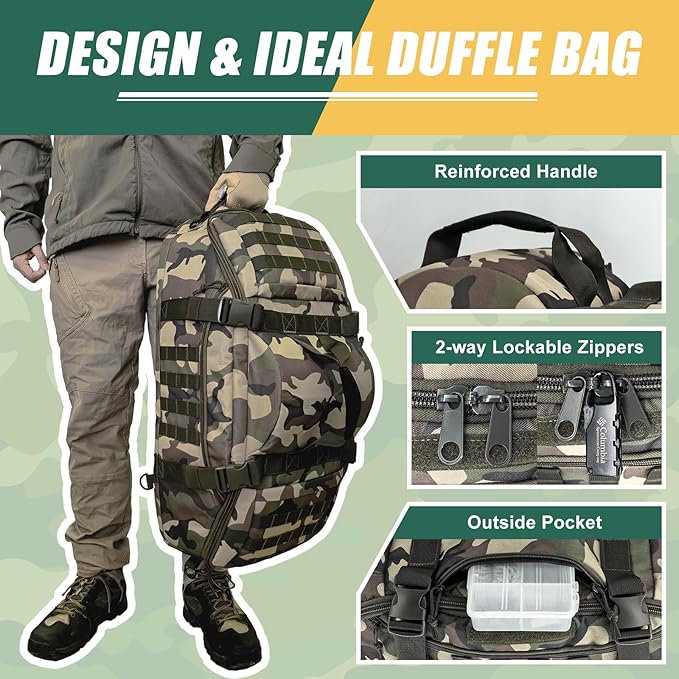 65L Large Travel Duffle Bag Military Tactical Backpack, Army Assault Pack 3 Day Bug Out Rucksack for Outdoor Sports Hiking Camping with Molle System, Woodland