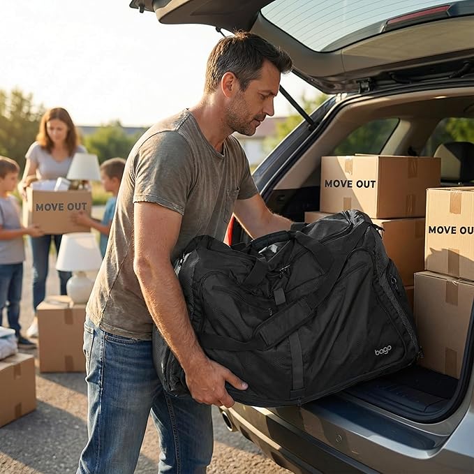 Bago Large Foldable Duffel Bags for Traveling Women & Men - 80L Packable Duffle Bag for Travel with Shoe Compartment - Water Repellant, Heavy Duty, Lightweight Folding & Collapsible (All Black)