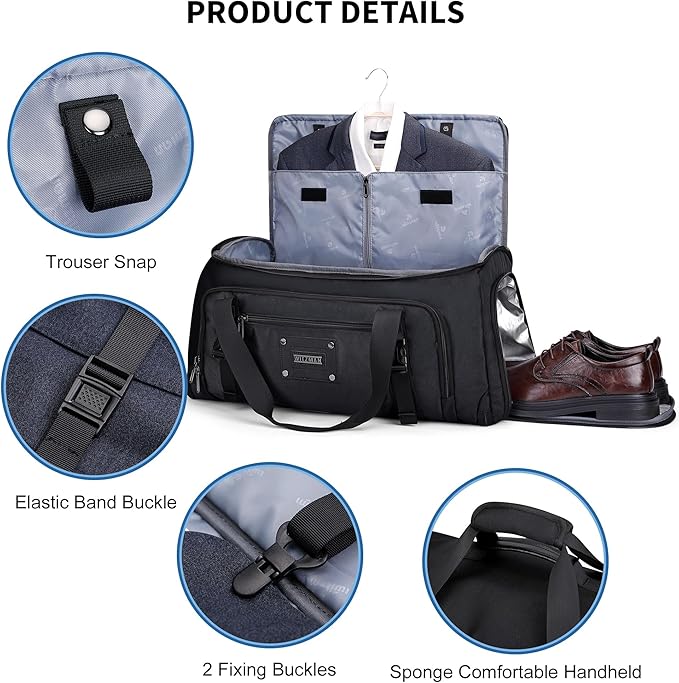 WITZMAN Mens Garment Duffle Bags for Travel Convertible Carry-on Suit Garment Bag for Men Hanging Clothes with Shoe Compartment（B724 Black）