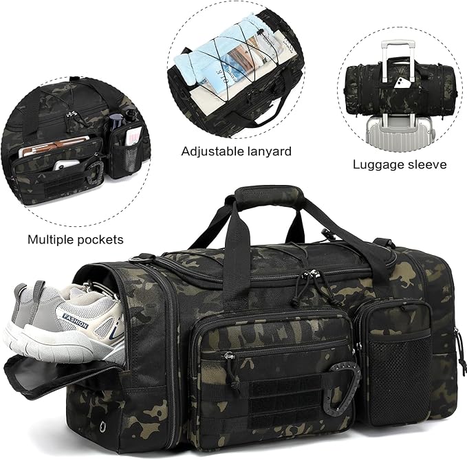 3 in 1 Tactical Gym Bag Backpack for Men 50-55L Expandable Travel Duffle Bag for Women Military Sport Duffel Bags Weekend Overnight with Shoe Compartment & Wet Pocket for Fitness, Camo