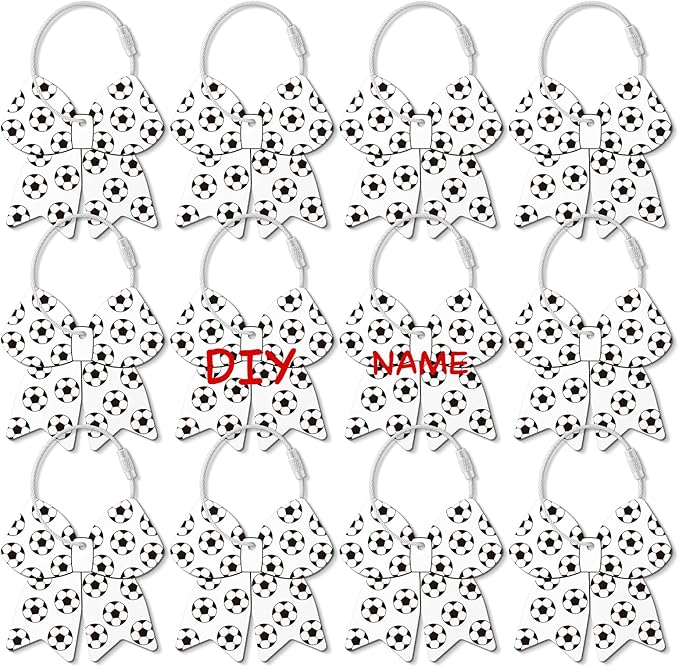 12 Pcs Soccer Bow Luggage Tags for Travel Suitcase Labels with Metal Ring 2.75in Soccer Bow Keychain PVC Name ID Card and DIY Pocket Hug Card for Men Women Travel Bag Suitcase