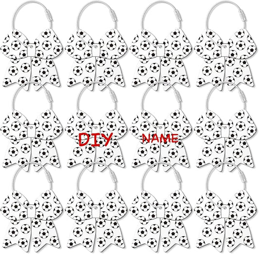 12 Pcs Soccer Bow Luggage Tags for Travel Suitcase Labels with Metal Ring 2.75in Soccer Bow Keychain PVC Name ID Card and DIY Pocket Hug Card for Men Women Travel Bag Suitcase