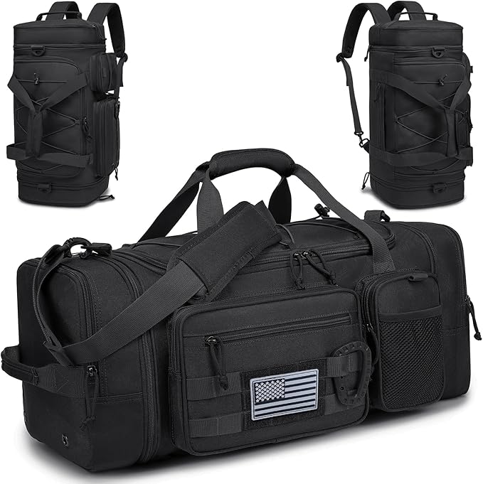 3 in 1 Tactical Gym Bag Backpack for Men 50-55L Expandable Travel Duffle Bag for Women Military Sport Duffel Bags Weekend Overnight with Shoe Compartment & Wet Pocket for Fitness, Black