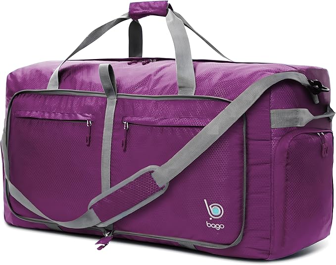 Bago Large Foldable Duffel Bags for Traveling Women & Men - 100L Packable Duffle Bag for Travel with Shoe Compartment - Water Repellant, Heavy Duty, Lightweight Folding & Collapsible (SnowDepPurple)