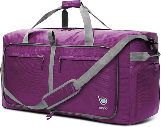 Bago Large Foldable Duffel Bags for Traveling Women & Men - 100L Packable Duffle Bag for Travel with Shoe Compartment - Water Repellant, Heavy Duty, Lightweight Folding & Collapsible (SnowDepPurple)